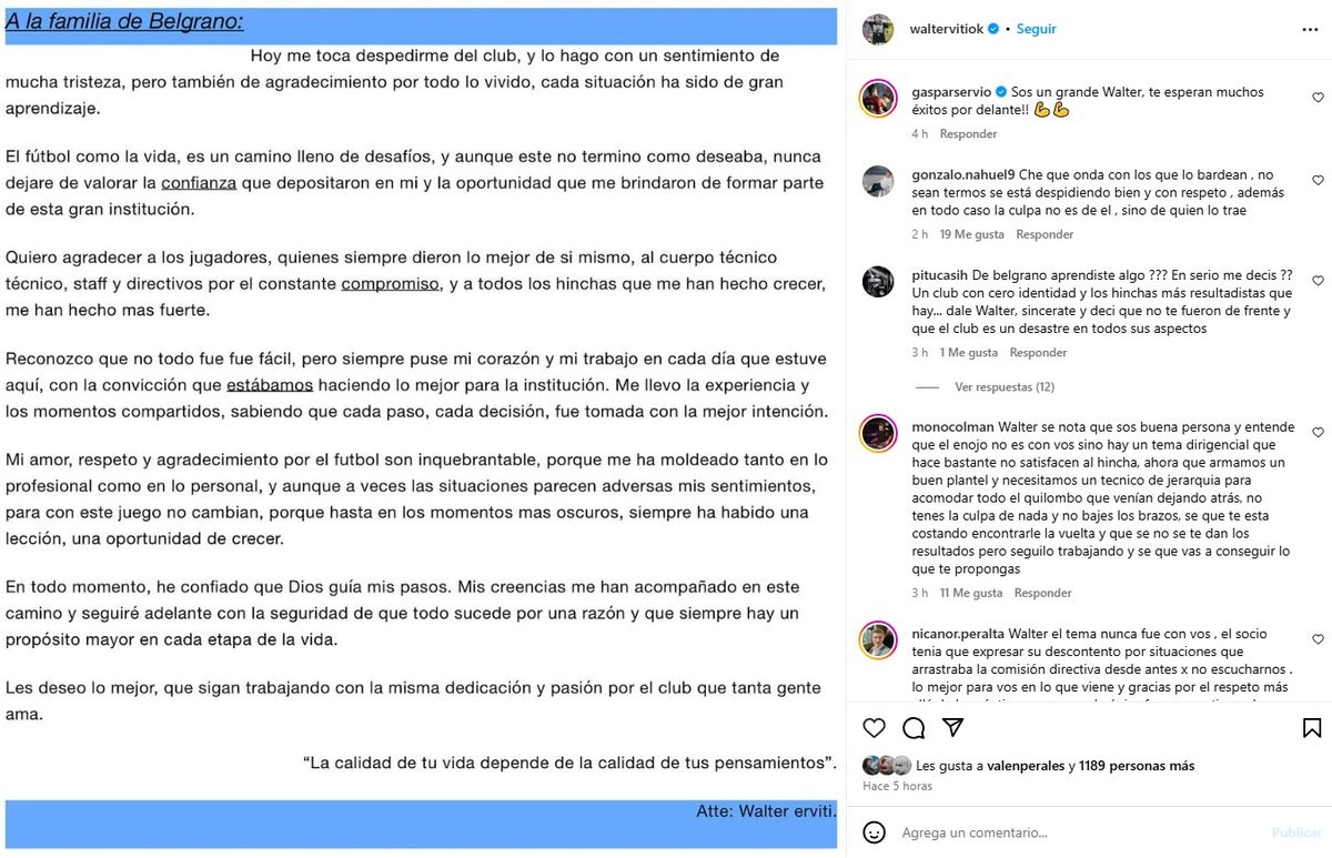 La carta de Erviti tras su salida de Belgrano. La carta de Erviti tras su salida de Belgrano.