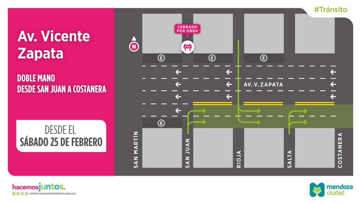 Desde este sábado, la calle José Vicente Zapata será doble mano desde San Juan a Costanera.