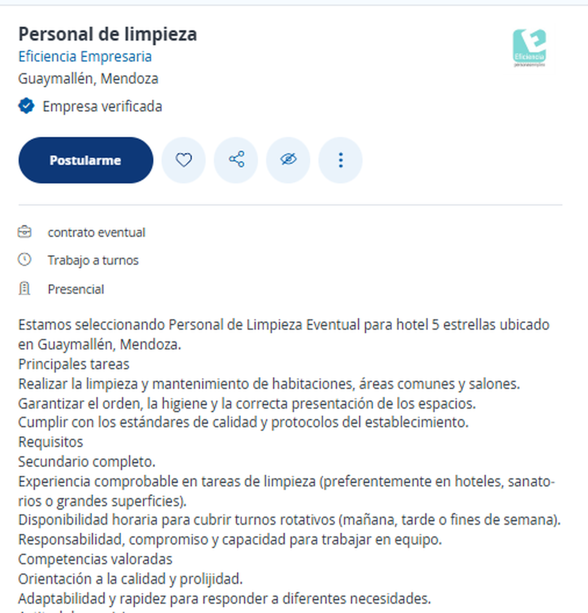 La oferta de trabajo en cuestión puede verse en la web del sitio Computrabajo. La oferta de trabajo en cuestión puede verse en la web del sitio Computrabajo.