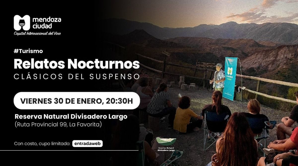 El flyer del evento en el que los visitantes podrán escuchar relatos nocturnos en Divisadero Largo. La cita es el viernes 30 de enero en esa área natural protegida ubicada a pocos kilómetros de la Ciudad de Mendoza. El flyer del evento en el que los visitantes podrán escuchar relatos nocturnos en Divisadero Largo. La cita es el viernes 30 de enero en esa área natural protegida ubicada a pocos kilómetros de la Ciudad de Mendoza.