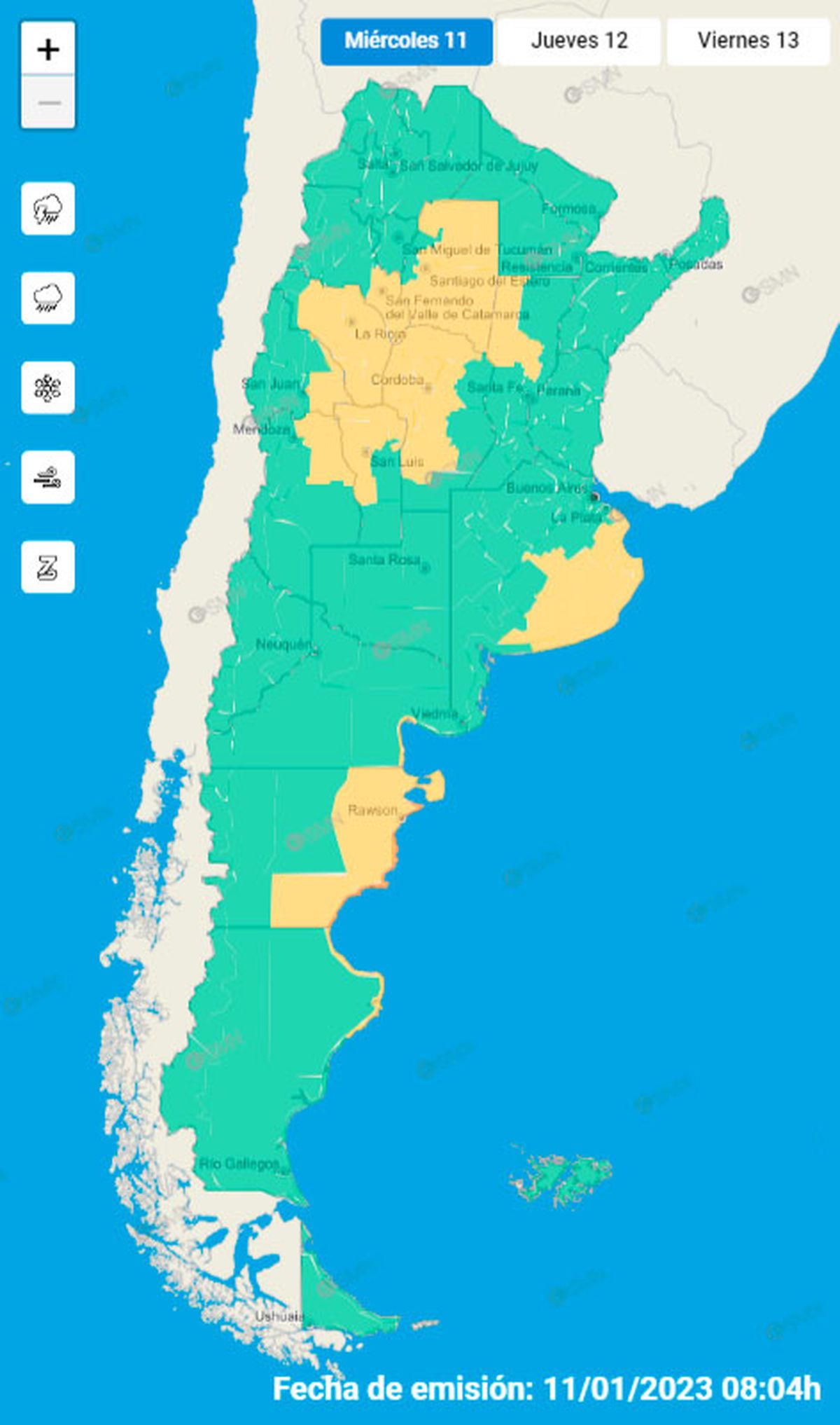 Mapa del Servicio Meteorológico Nacional con alerta amarilla para gran parte de Mendoza.