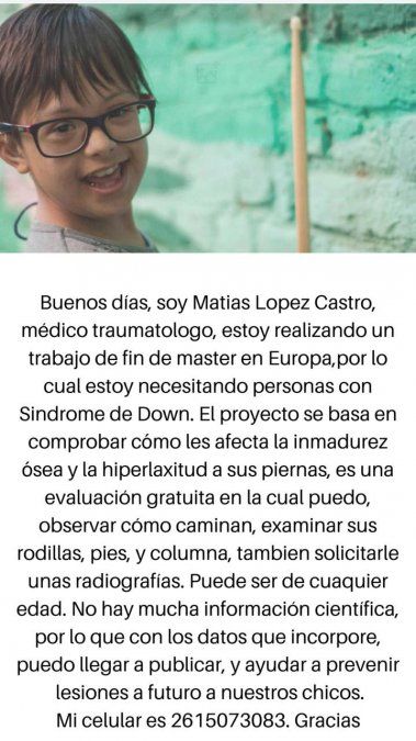 Tiene 35 años y está haciendo un master en Madrid, estudiando cómo afecta&nbsp; la inmadurez ósea y la hiperlaxitud a los pacientes con síndrome de down, para poder realizar tratamientos preventivos. Ofrece consultas gratuitas para sumar casos a su estudio