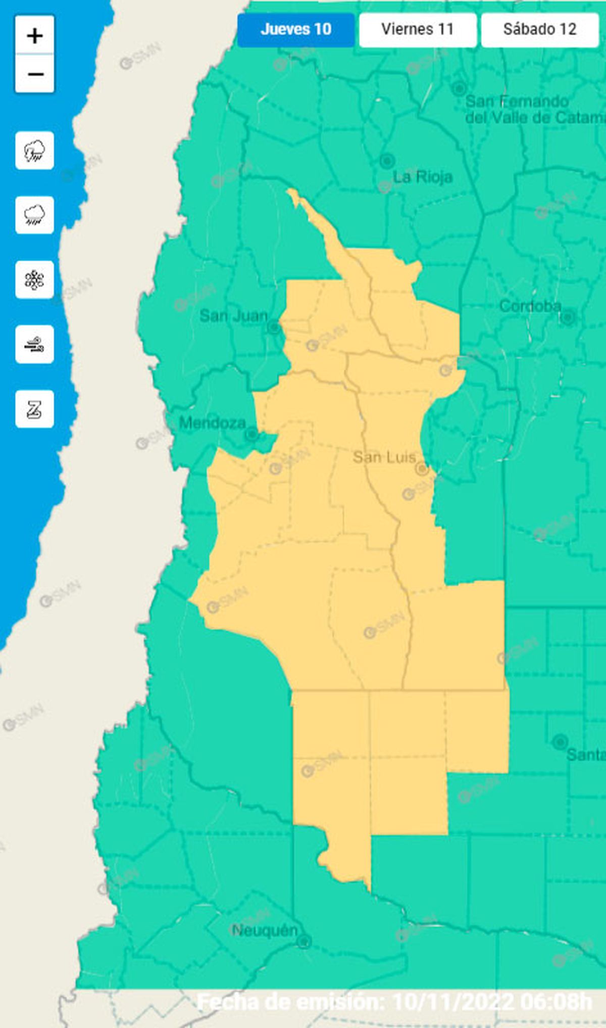 Mapa del Servicio Meteorológico Nacional con el sistema de alerta temprana.