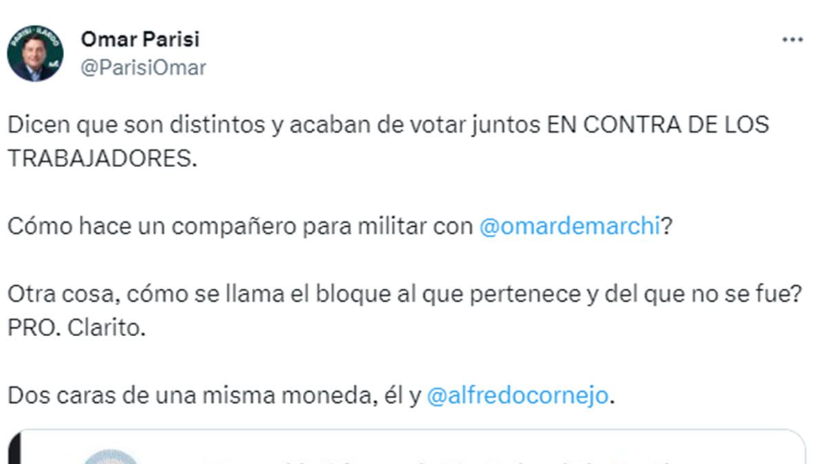 Parte del tuit de Omar Parisi, que acompañó con el listado de la votación en el Congreso Nacional. Parte del tuit de Omar Parisi, que acompañó con el listado de la votación en el Congreso Nacional.