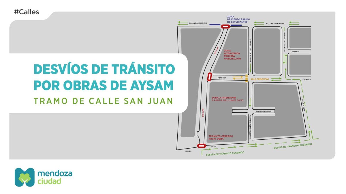 La Ciudad de Mendoza ofreció un mapa con los desvíos alternativos debido al corte de calle San Juan por las obras de Aguas Mendocinas. La Ciudad de Mendoza ofreció un mapa con los desvíos alternativos debido al corte de calle San Juan por las obras de Aguas Mendocinas.