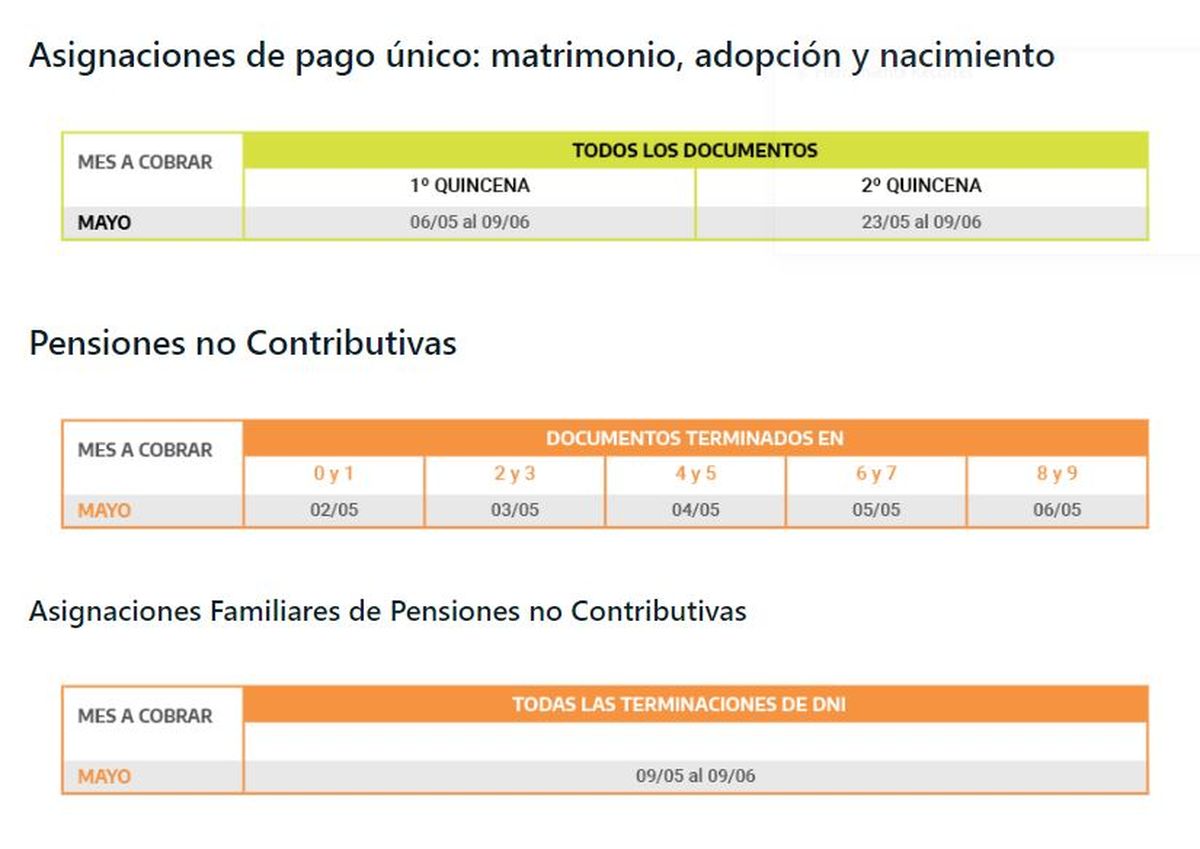 Asignación de pago único, Pensiones no Contributivas y Asignación Familiares de Pensiones no Contributivas.
