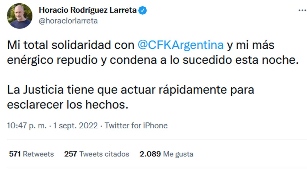 Rodríguez Larreta también pidió celeridad a la Justicia para esclarecer el gravísimo incidente.