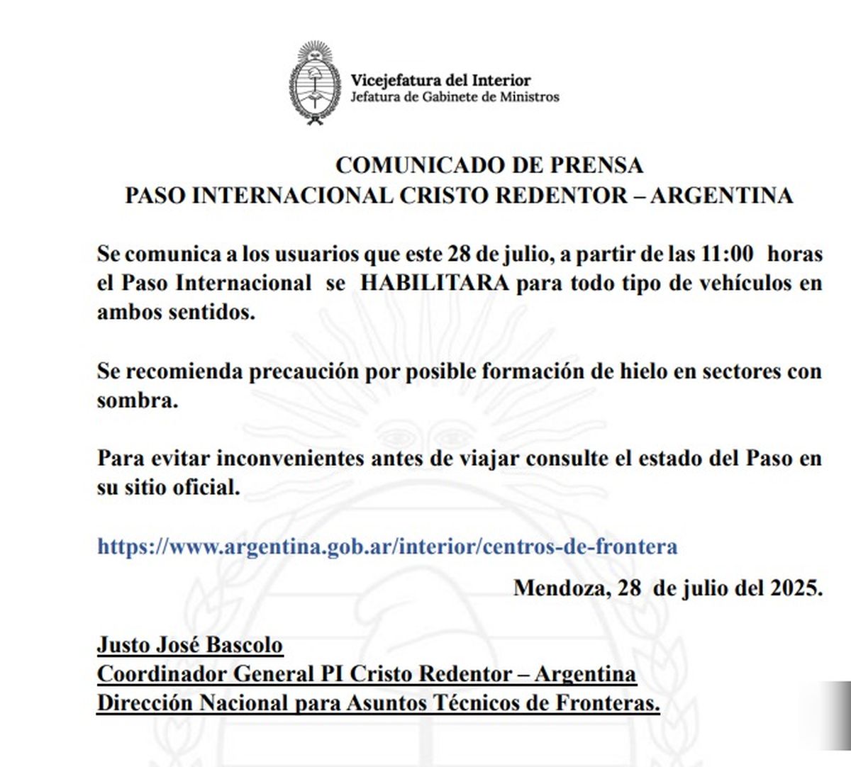El comunicado de las autoridades argentinas sobre la reapertura del Paso Internacional Cristo Redentor. El comunicado de las autoridades argentinas sobre la reapertura del Paso Internacional Cristo Redentor.