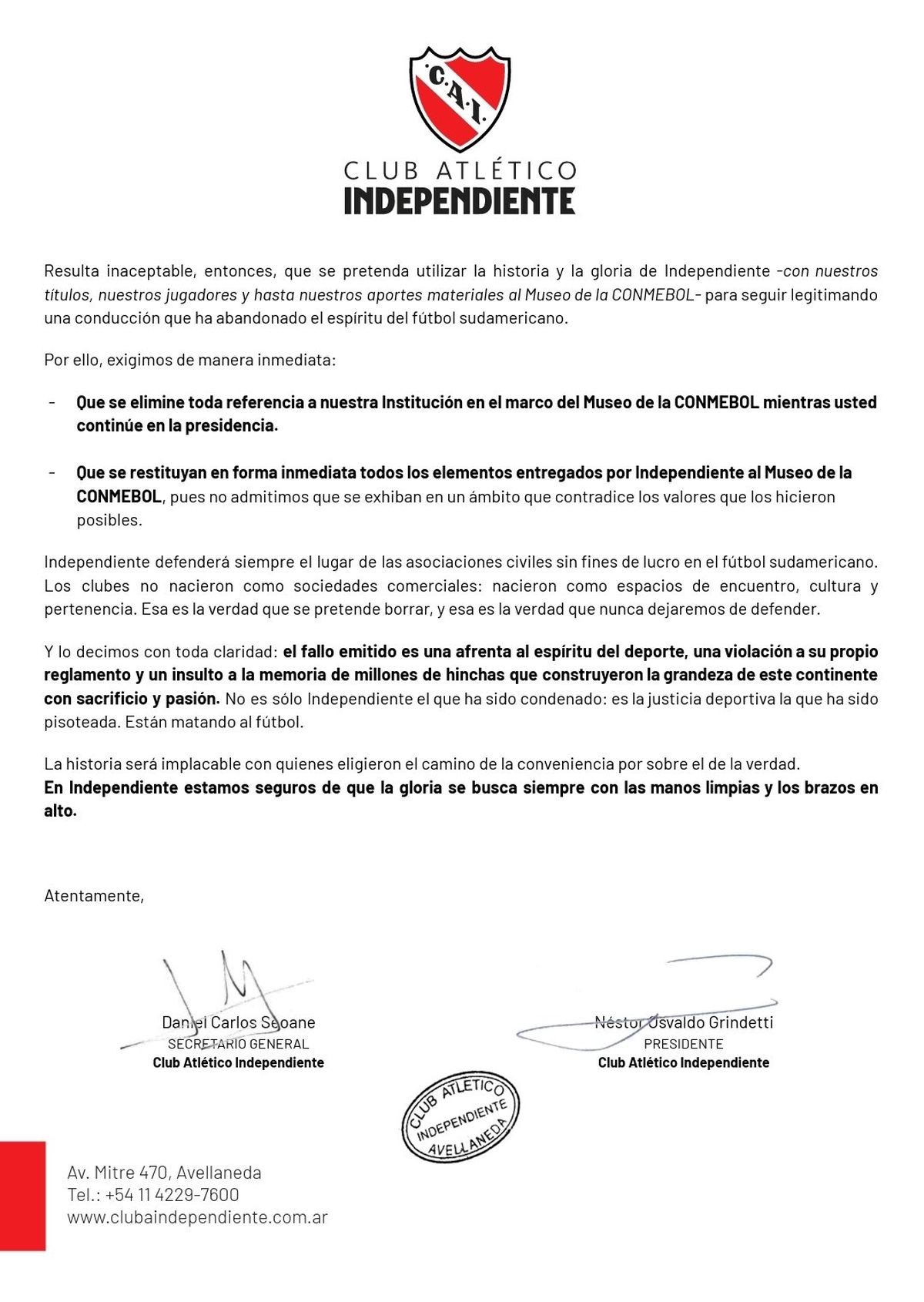 Las exigencias de Independiente tras ser elimindo de la Copa Sudamericana.
