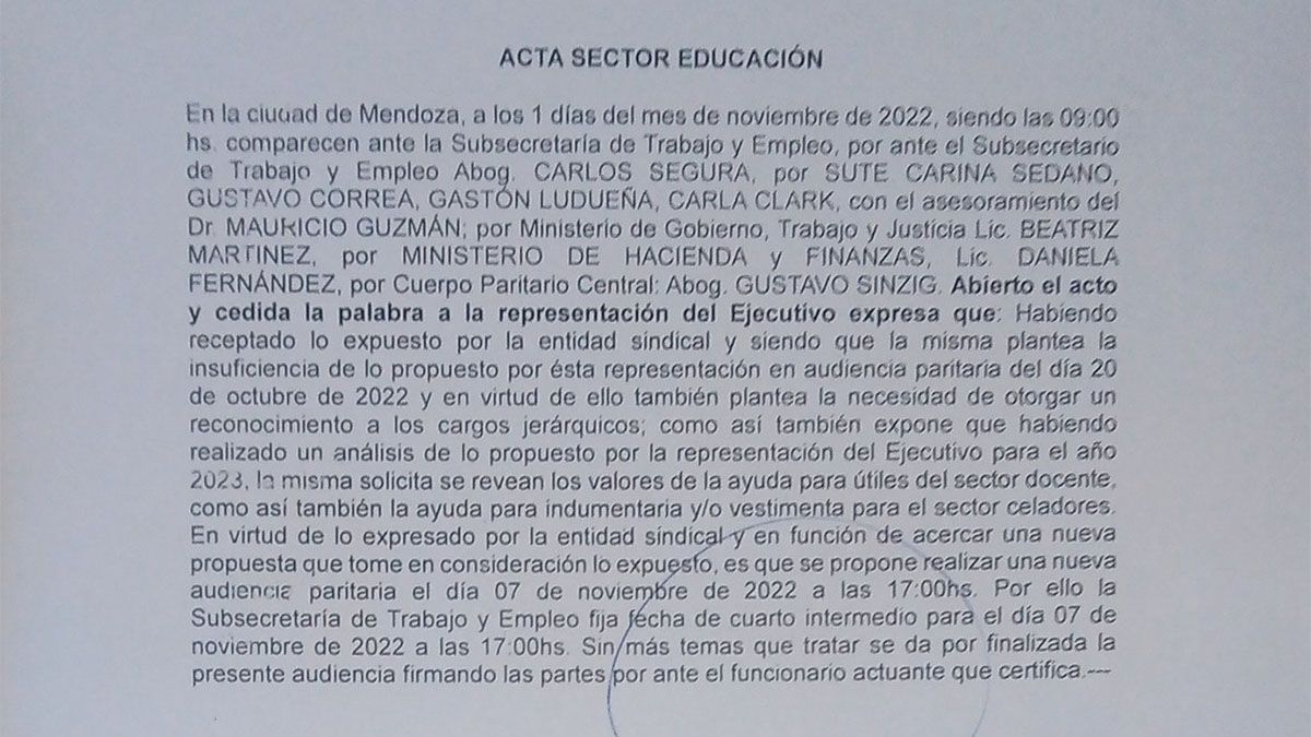 El acta de la reunión paritaria del martes en la que se advierten los pedidos del SUTE.
