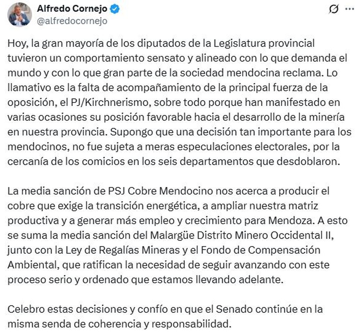 La publicación en X del gobernador Alfredo Cornejo.