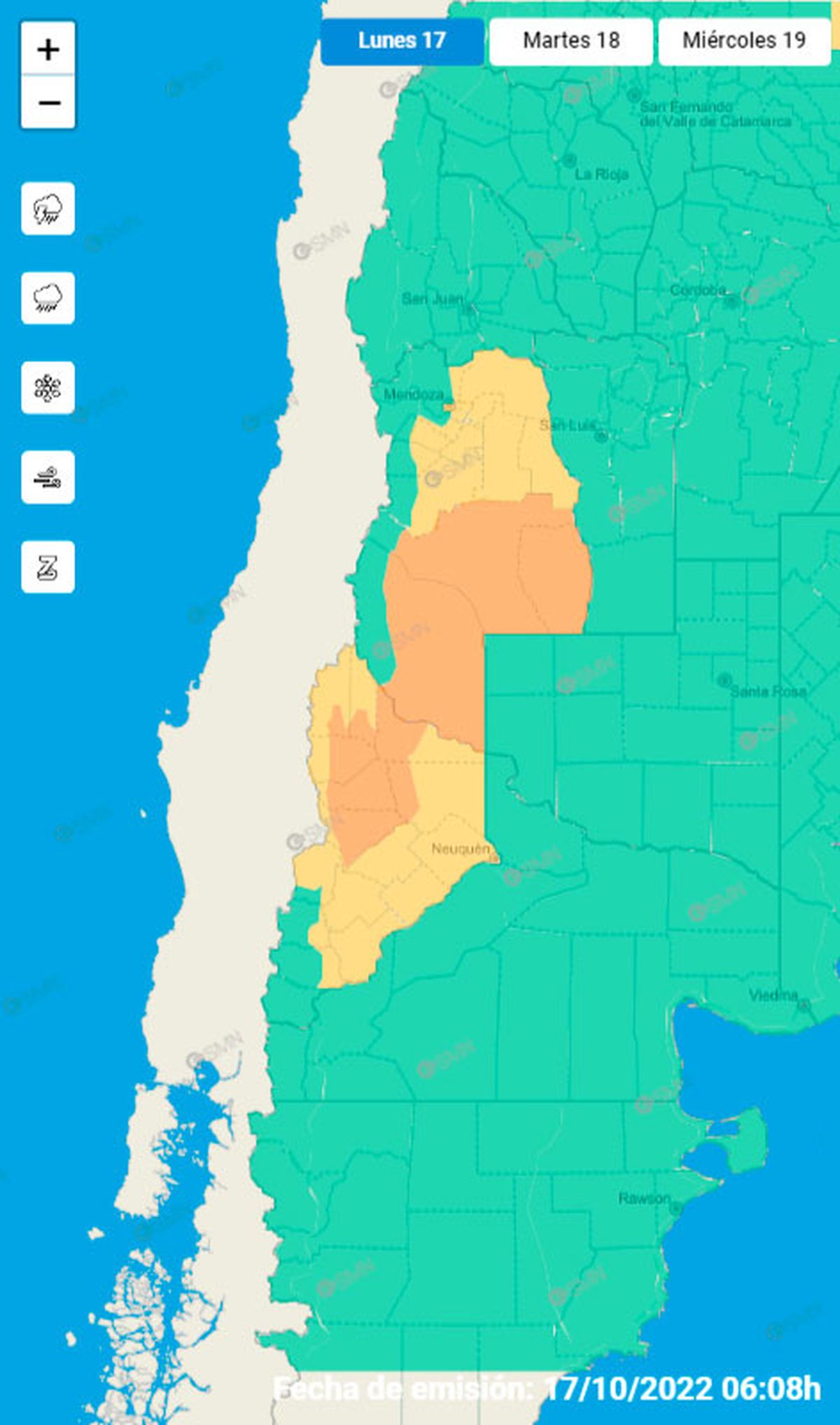 El mapa del Servicio Meteorológico Nacional con las alertas amarillas y naranjas.