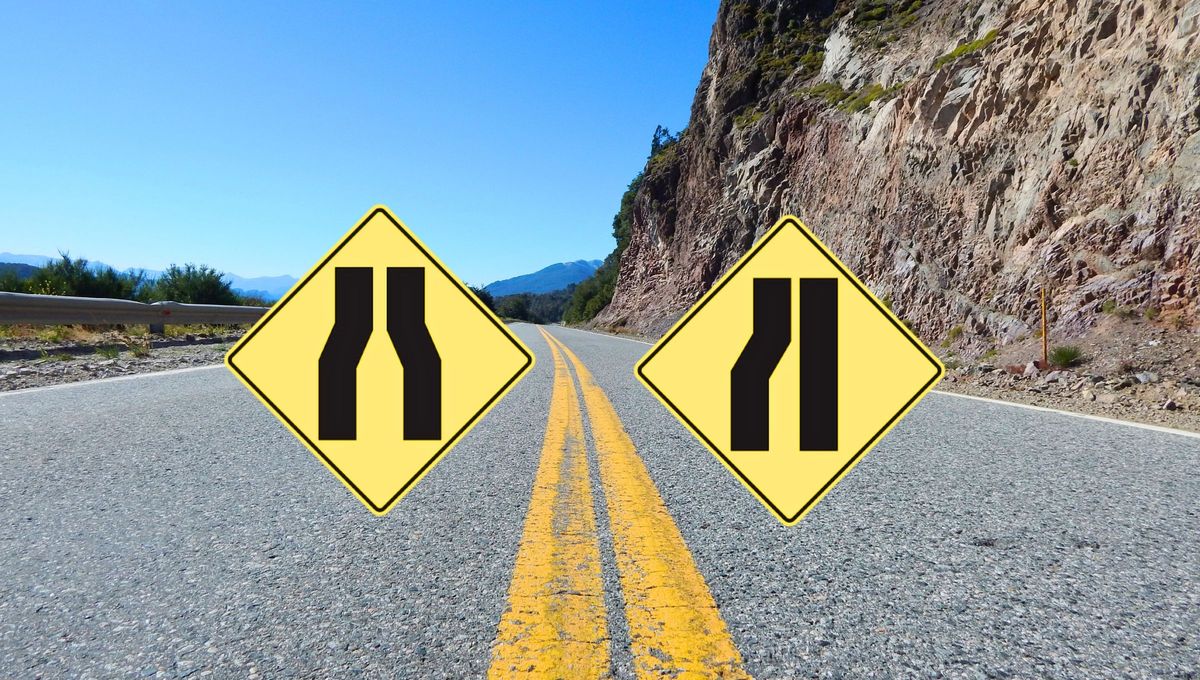 ¿Cuál es la diferencia entre estas dos señales de tránsito con forma de estrechamiento y qué significan?