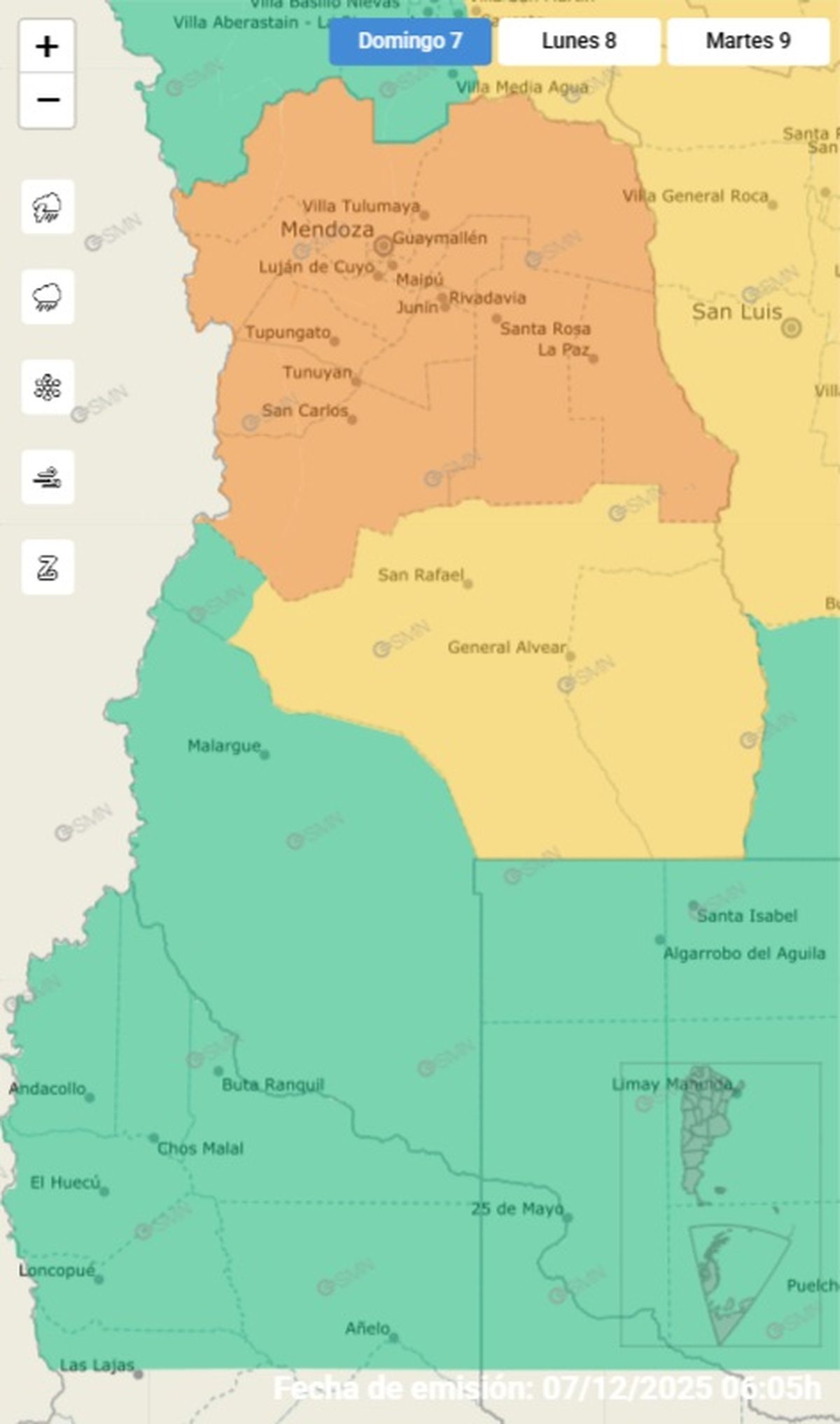 Estos son los departamentos en alerta este domingo.