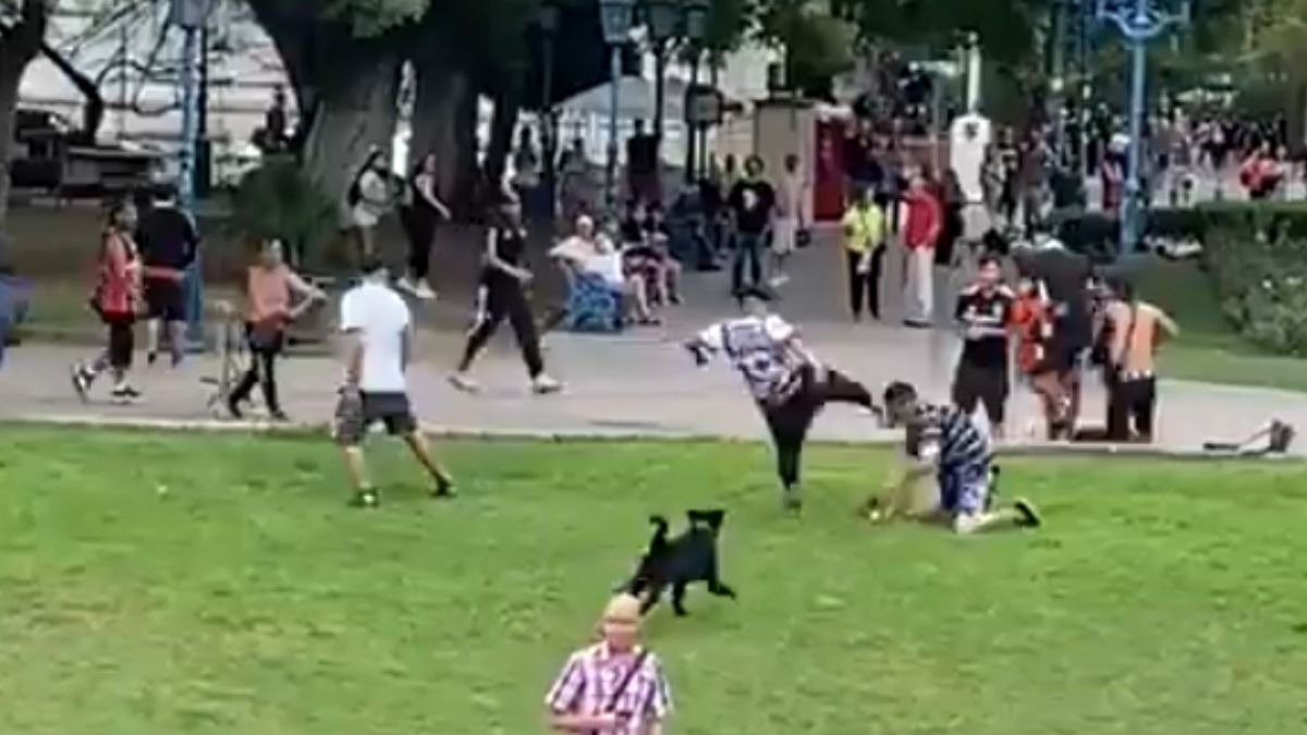 Momento en que un barra de Colo Colo le da un puntapié en la cabeza a un joven. Captura de video.