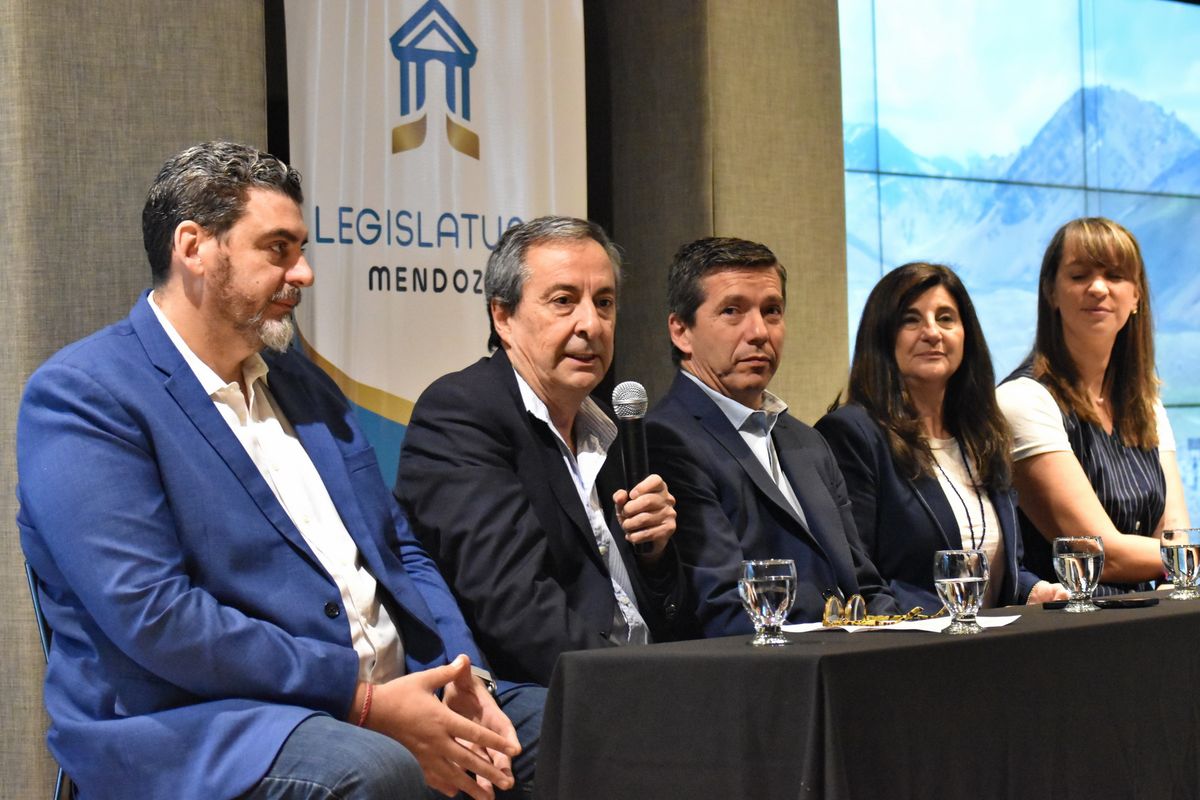 Habla Enrique Thomas acerca del documental de Canal 7 desde el Aconcagua. Acompañan Martín Kerchner (Senado), Andrés Lombardi (Diputados), Gabriela Testa (Emetur) y Daniela Clérici (Grupo América).