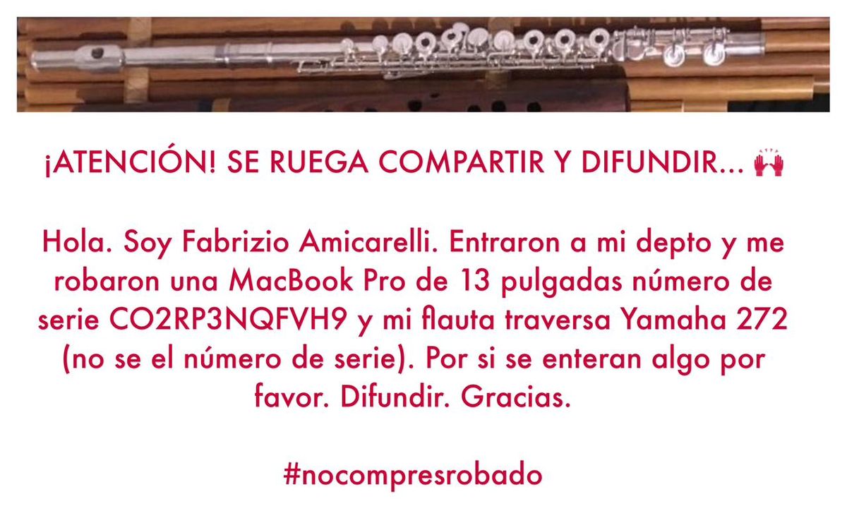 El músico de Markama sufrió el robo de una flauta valuada en más de un millón de pesos. El músico de Markama sufrió el robo de una flauta valuada en más de un millón de pesos.