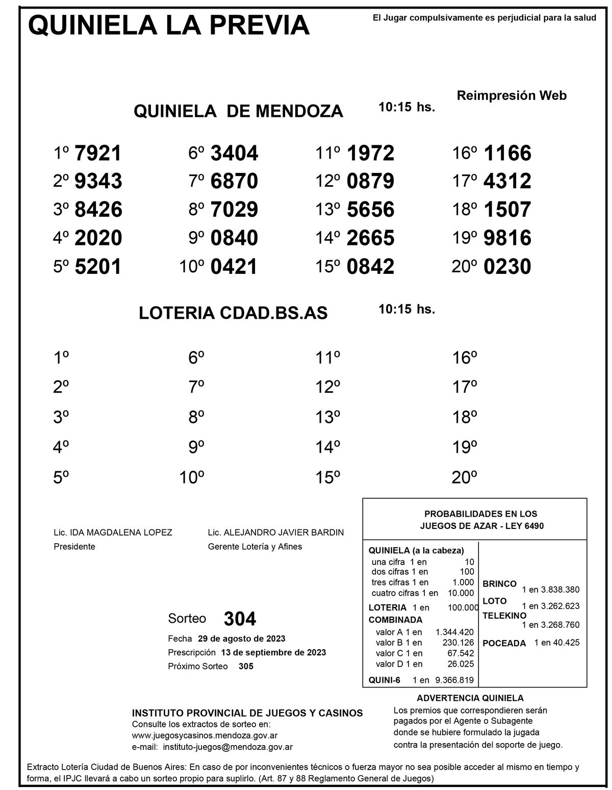 Extracto de la Quiniela de Mendoza en su edición La Previa del martes 29 de agosto. Extracto de la Quiniela de Mendoza en su edición La Previa del martes 29 de agosto.