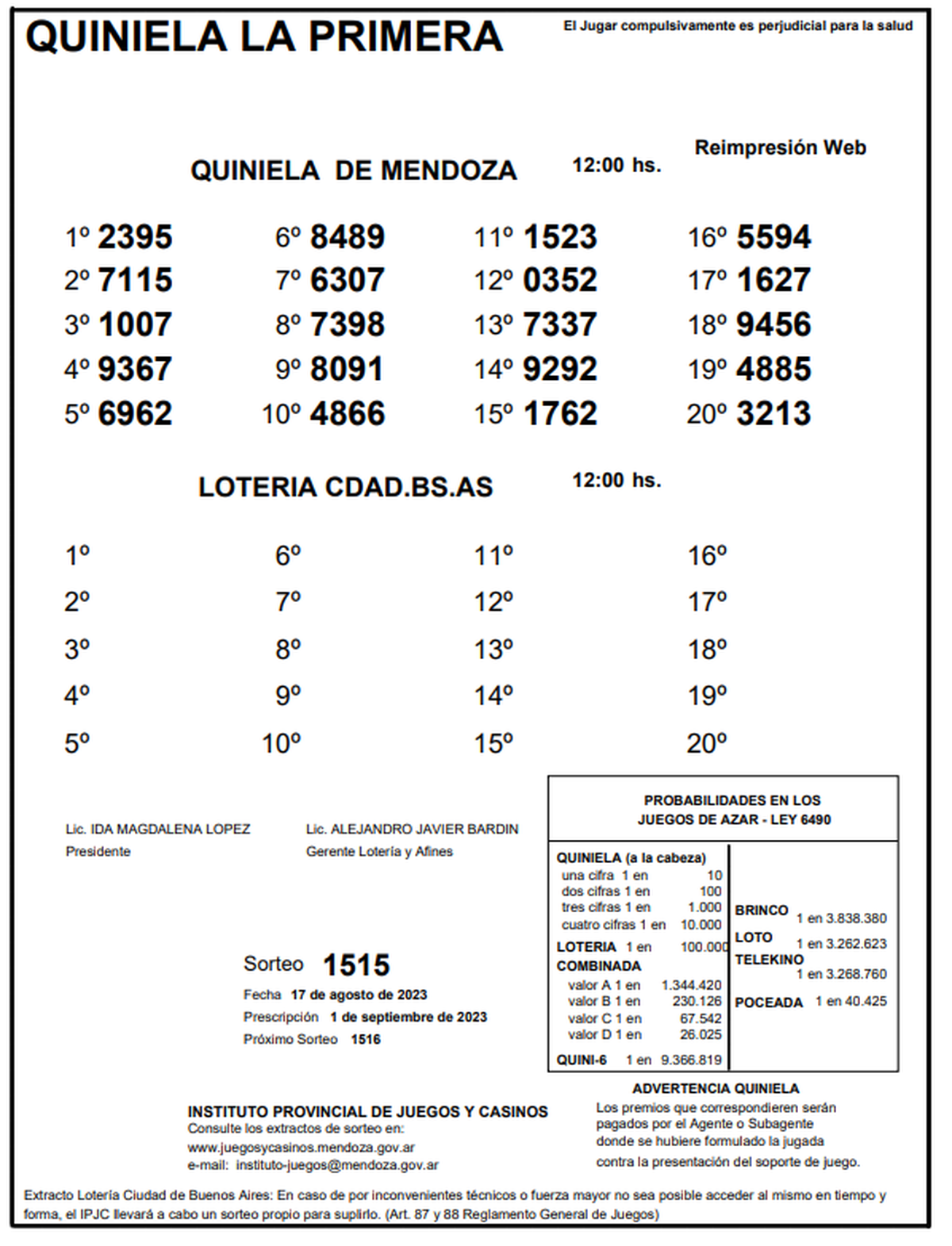 Resultados Quiniela Primera 17 agosto 2023. Resultados Quiniela Primera 17 agosto 2023.