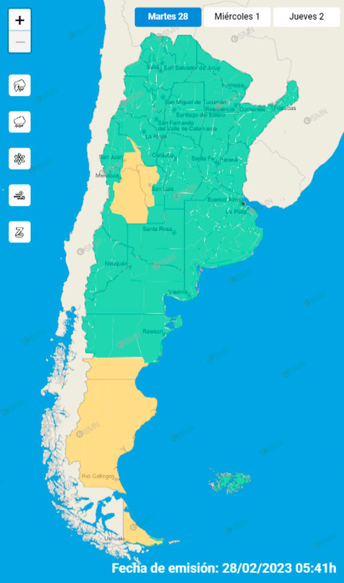 Mapa del Servicio Meteorológico Nacional con las alerta amarilla para algunas provincias de Argentina.