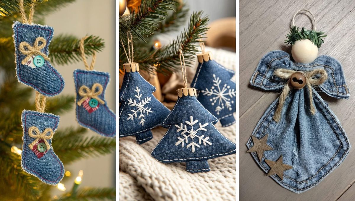 3 opciones de adornos navideños que surgen de un retazo de jean. 3 opciones de adornos navideños que surgen de un retazo de jean. 