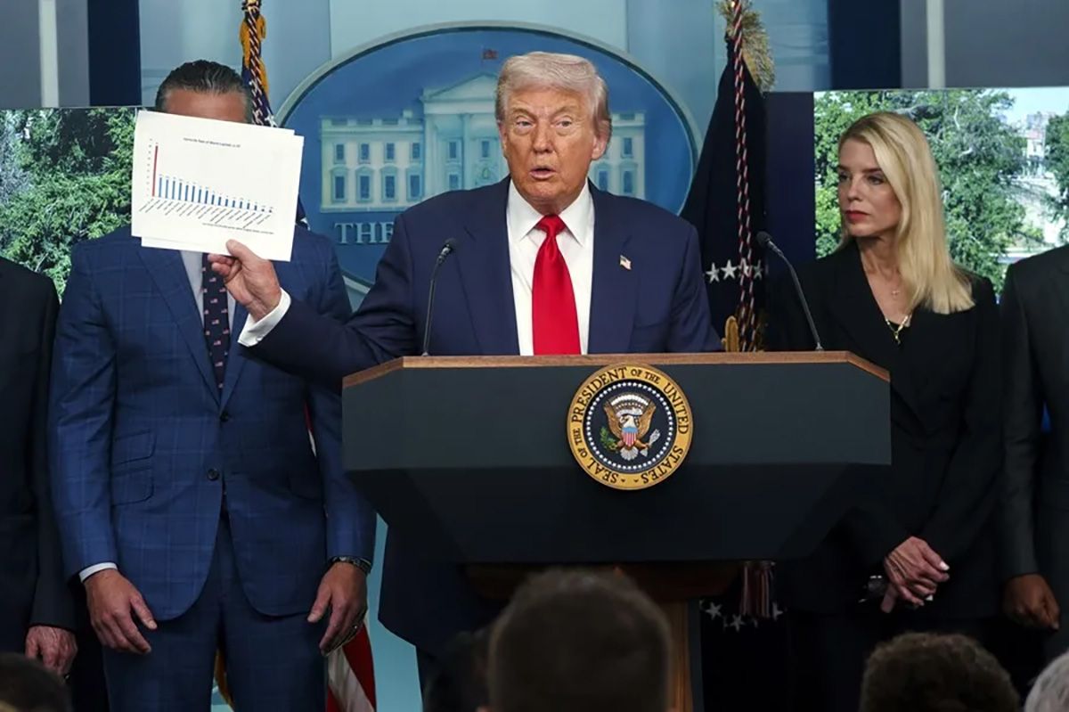 El presidente de Estados Unidos, Donald Trump, muestra indicadores de criminalidad en Washington, este 11 de agosto de 2025, en la Casa Blanca. Crédito: EFE/Will Oliver/Pool.