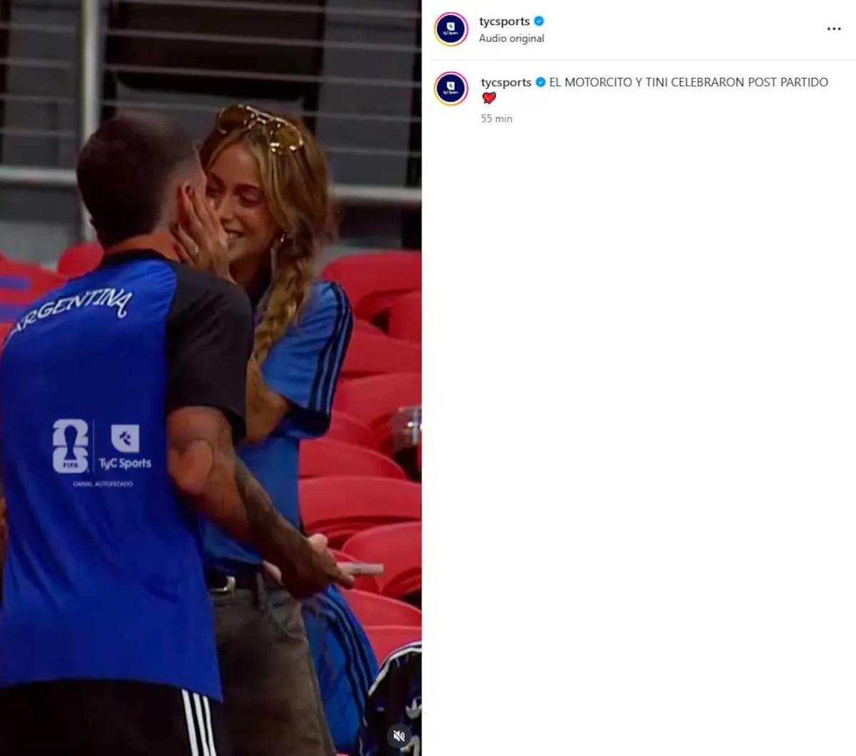 El beso de Tini Stoessel y Rodrigo de Paul en el partido de Argentina-Inglaterra. El beso de Tini Stoessel y Rodrigo de Paul en el partido de Argentina-Inglaterra.