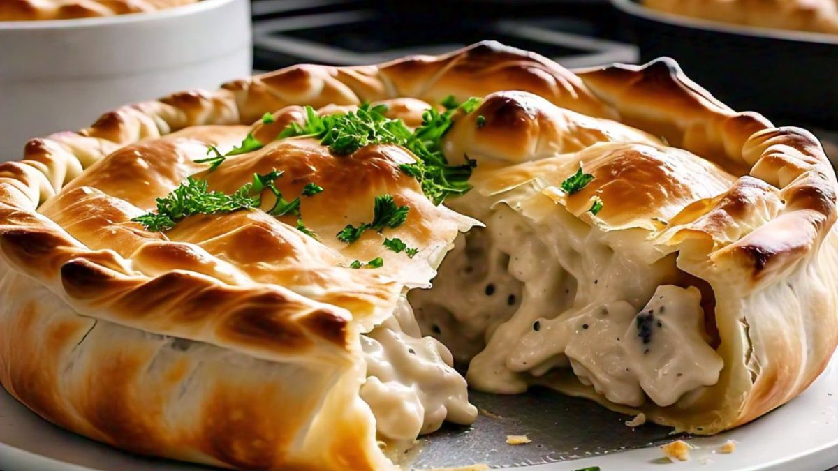 Recetas: tarta de pollo con panceta y masa casera.