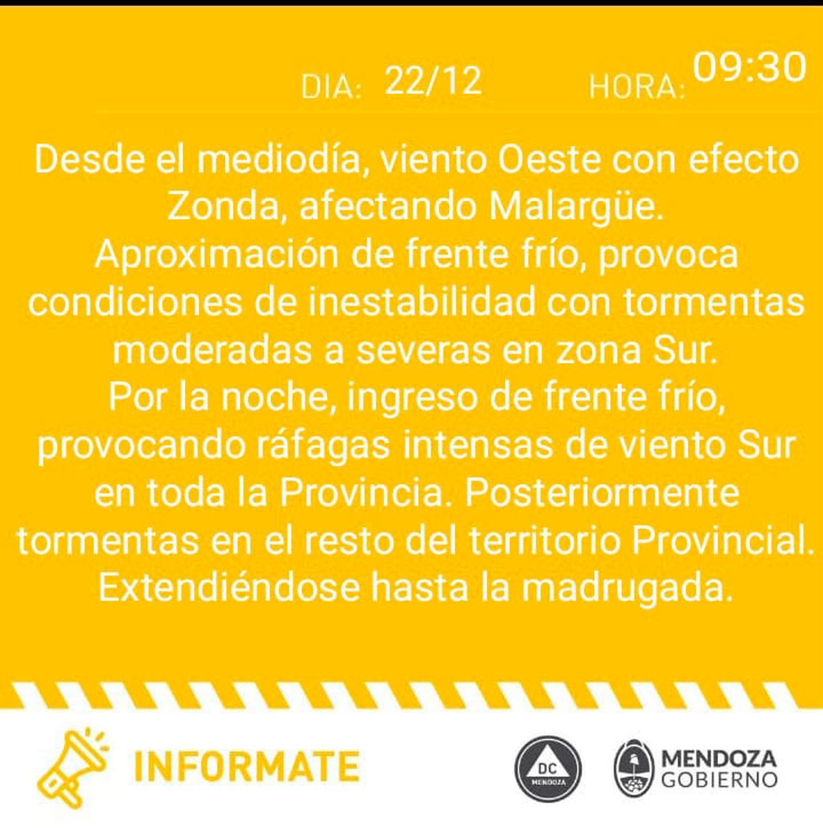 Defensa Civil emitió este jueves una nueva alerta amarilla para la provincia de Mendoza.