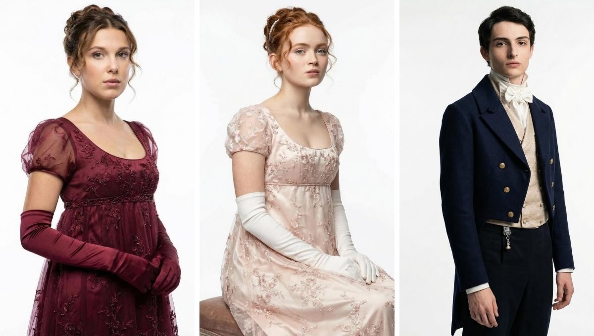 Eleven, Max y Mike como si fueran protagonistas de Bridgerton. Eleven, Max y Mike como si fueran protagonistas de Bridgerton. 