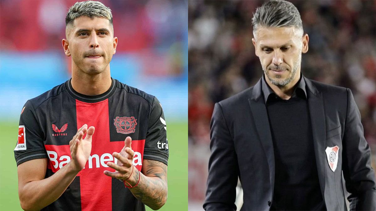Exequiel Palacios y el DT de River, Martín Demichelis.