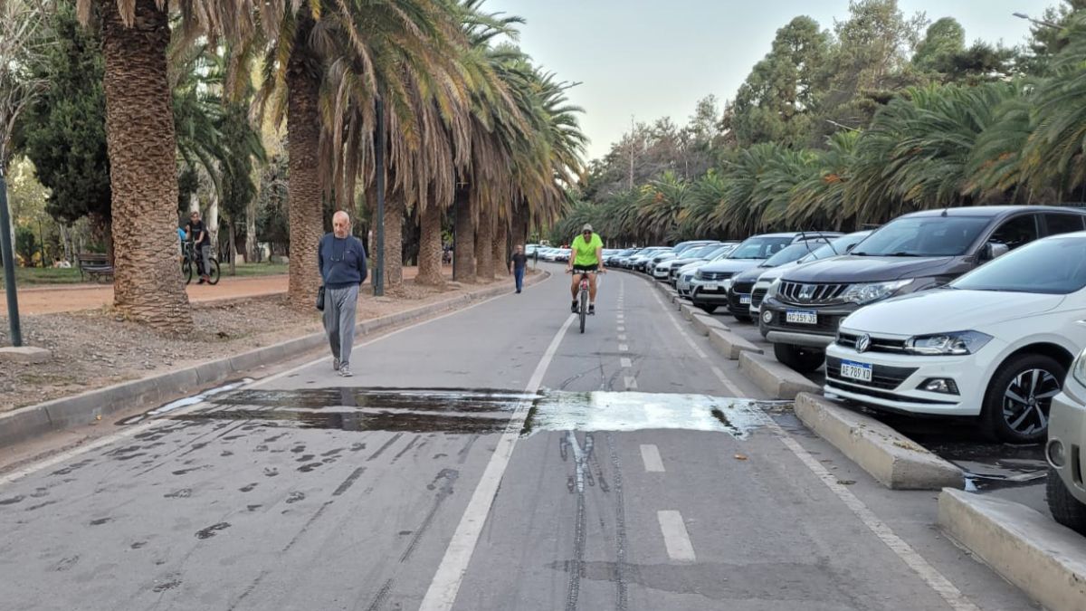 Un peligro atravesar los líquidos derramados por los lavacoches en el parque San Martín. Un peligro atravesar los líquidos derramados por los lavacoches en el parque San Martín.