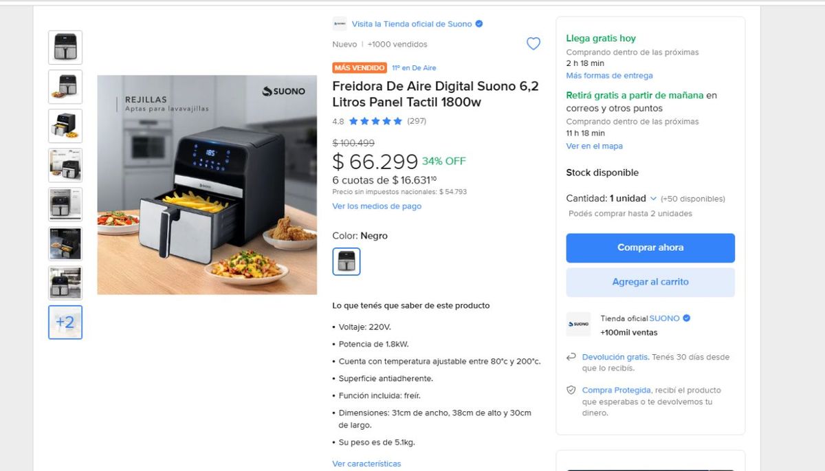 Encuentra una freidora de aire con descuento. Imagen: Mercado Libre Encuentra una freidora de aire con descuento. Imagen: Mercado Libre