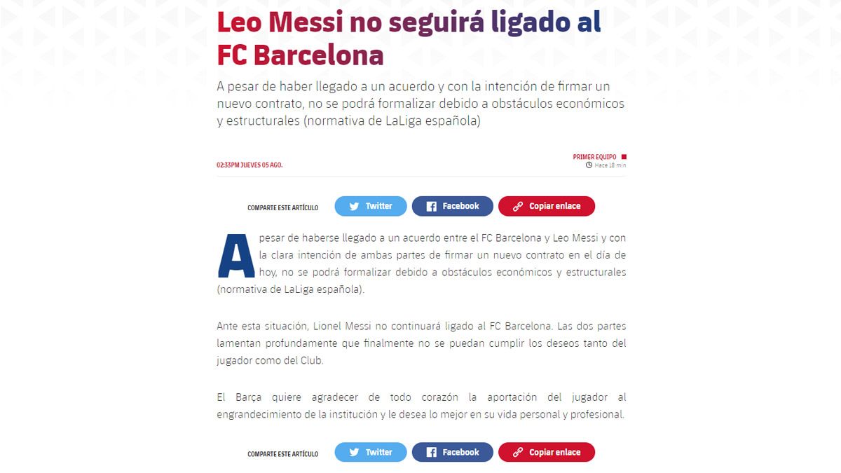 El comunicado oficial del Barcelona sobre la salida de Messi