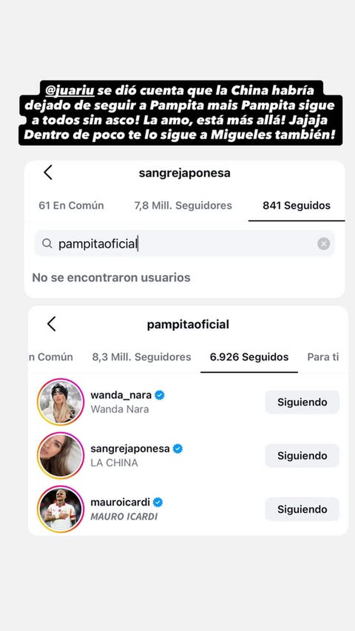 La China Suárez dejó de seguir a Pampita. La China Suárez dejó de seguir a Pampita.