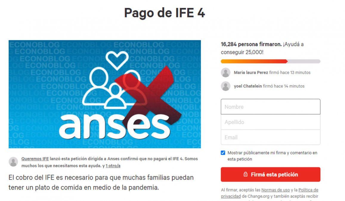 Queremos IFE: cómo firmar la solicitada en charge.org para que la ANSES pague un IFE 4