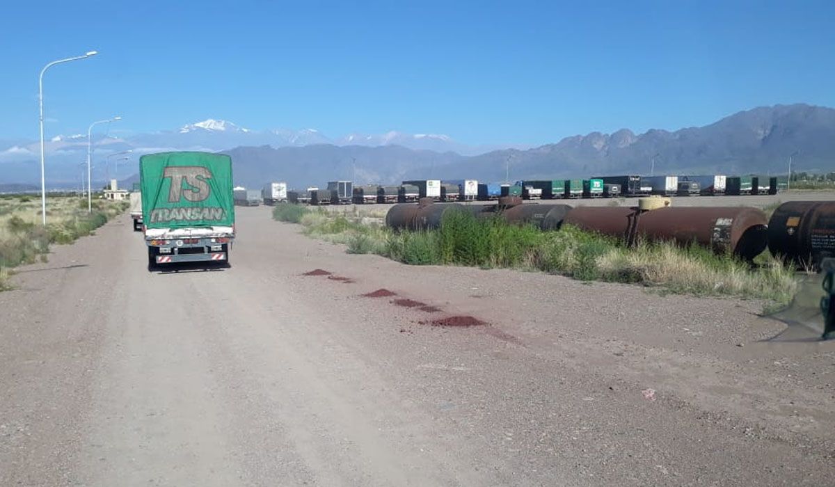 La larga fila de camiones que se acumuló antes del límite con Chile