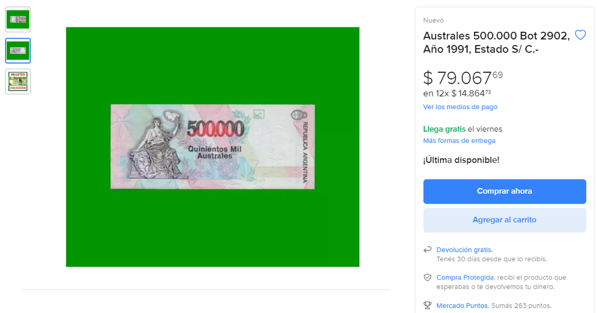 En Mercado Libre pagan hasta $79.067 por este billete de 500 mil australes. En Mercado Libre pagan hasta $79.067 por este billete de 500 mil australes.