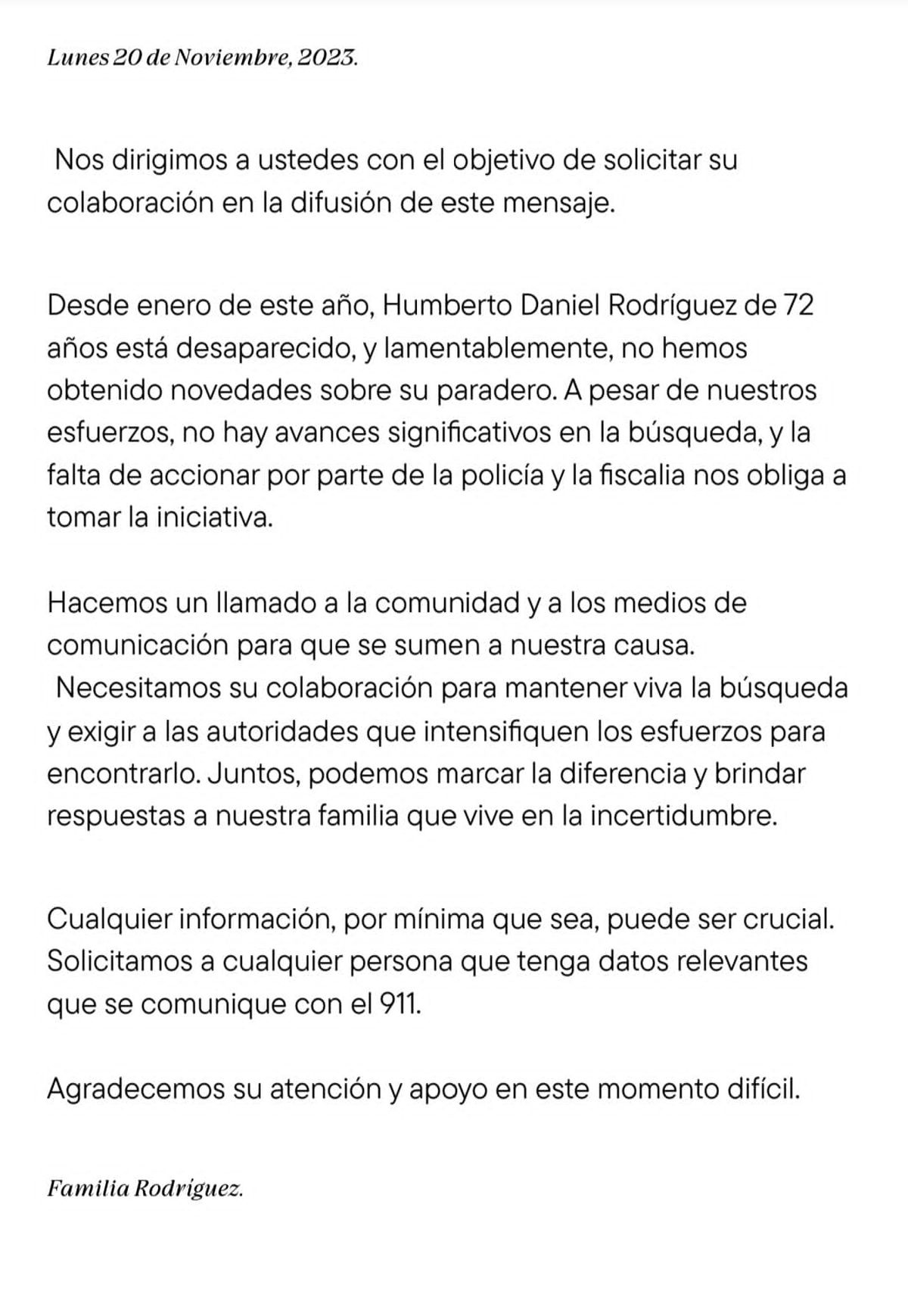 Pedido de familiares de Humberto Rodríguez, el hombre de 72 años que es intensamente buscado desde enero. Pedido de familiares de Humberto Rodríguez, el hombre de 72 años que es intensamente buscado desde enero.