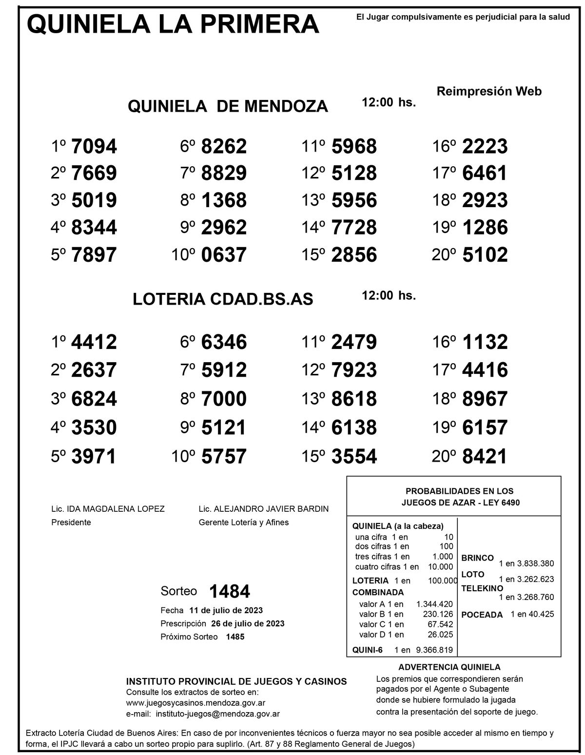 Extracto de la Quiniela de Mendoza en su edición la Primera del martes 11 de julio.