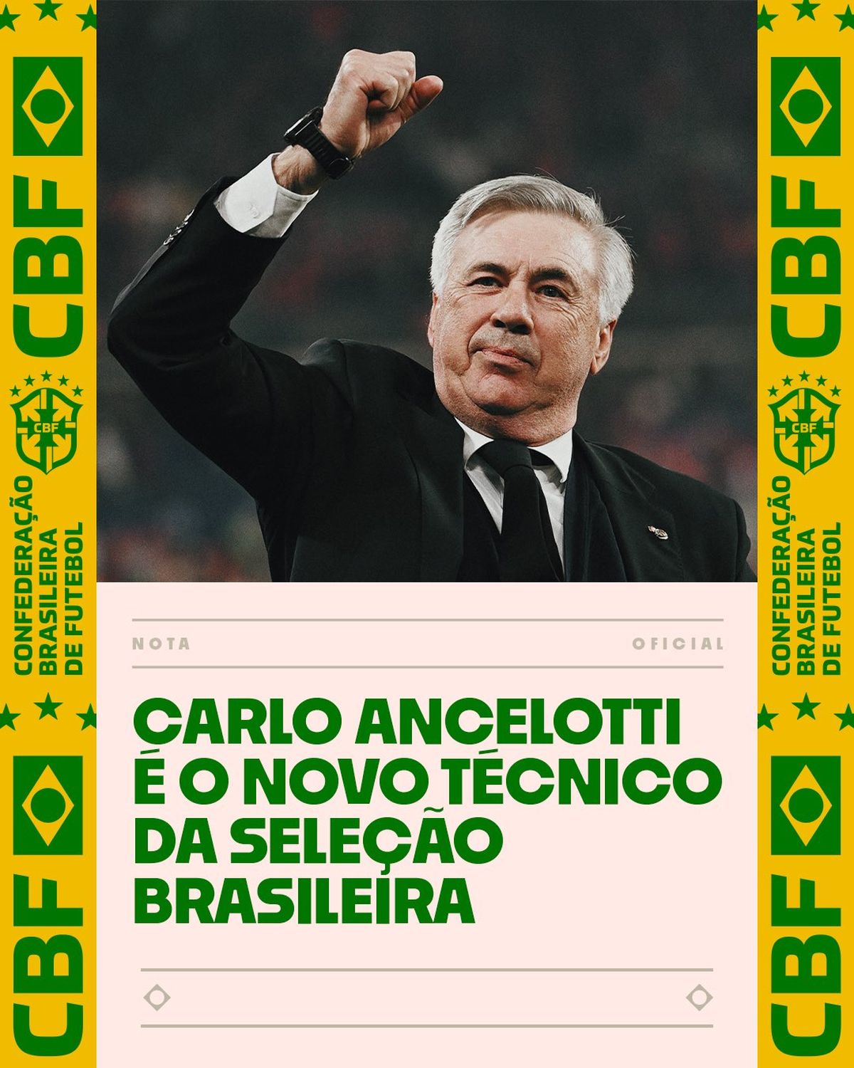 La publicaci&oacute;n de la CBF para anunciar a Carlo Ancelotti en la selecci&oacute;n de Brasil.
