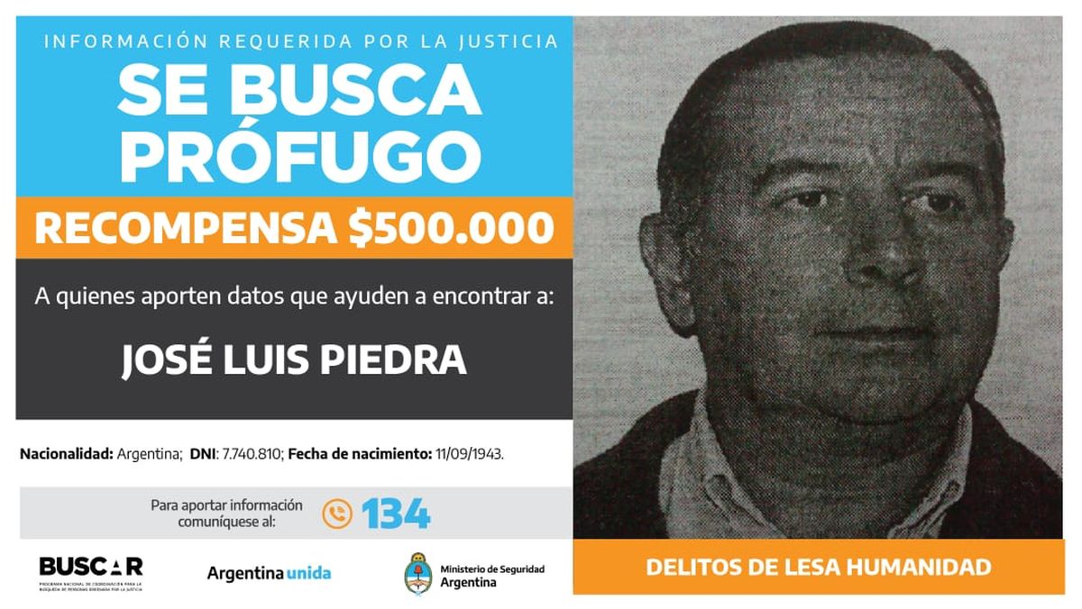José Luis Piedra estuvo prófugo 12 años. Está acusado de más de 90 delitos de lesa humanidad. cometidos en Mendoza.
