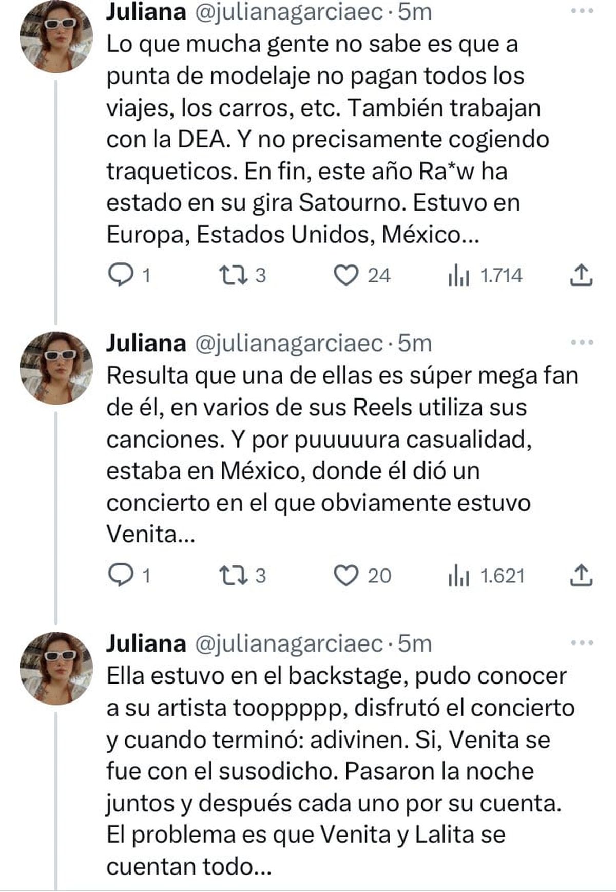 El hilo de Twitter sobre la supuesta infidelidad de Rauw Alejandro a Rosalía con Valeria Duque. Twitter/@HistorywithLilo. El hilo de Twitter sobre la supuesta infidelidad de Rauw Alejandro a Rosalía con Valeria Duque. Twitter/@HistorywithLilo.