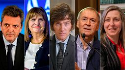 Los cinco candidatos a presidente que debatirán este domingo: Sergio Massa, Patricia Bullrich, Javier Milei, Juan Schiaretti y Myriam Bregman.