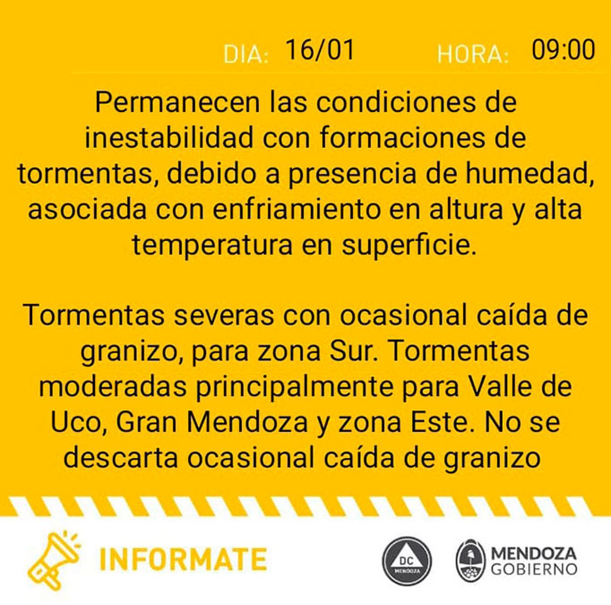 Defensa Civil emitió este lunes una nueva alerta amarilla para la provincia de Mendoza.