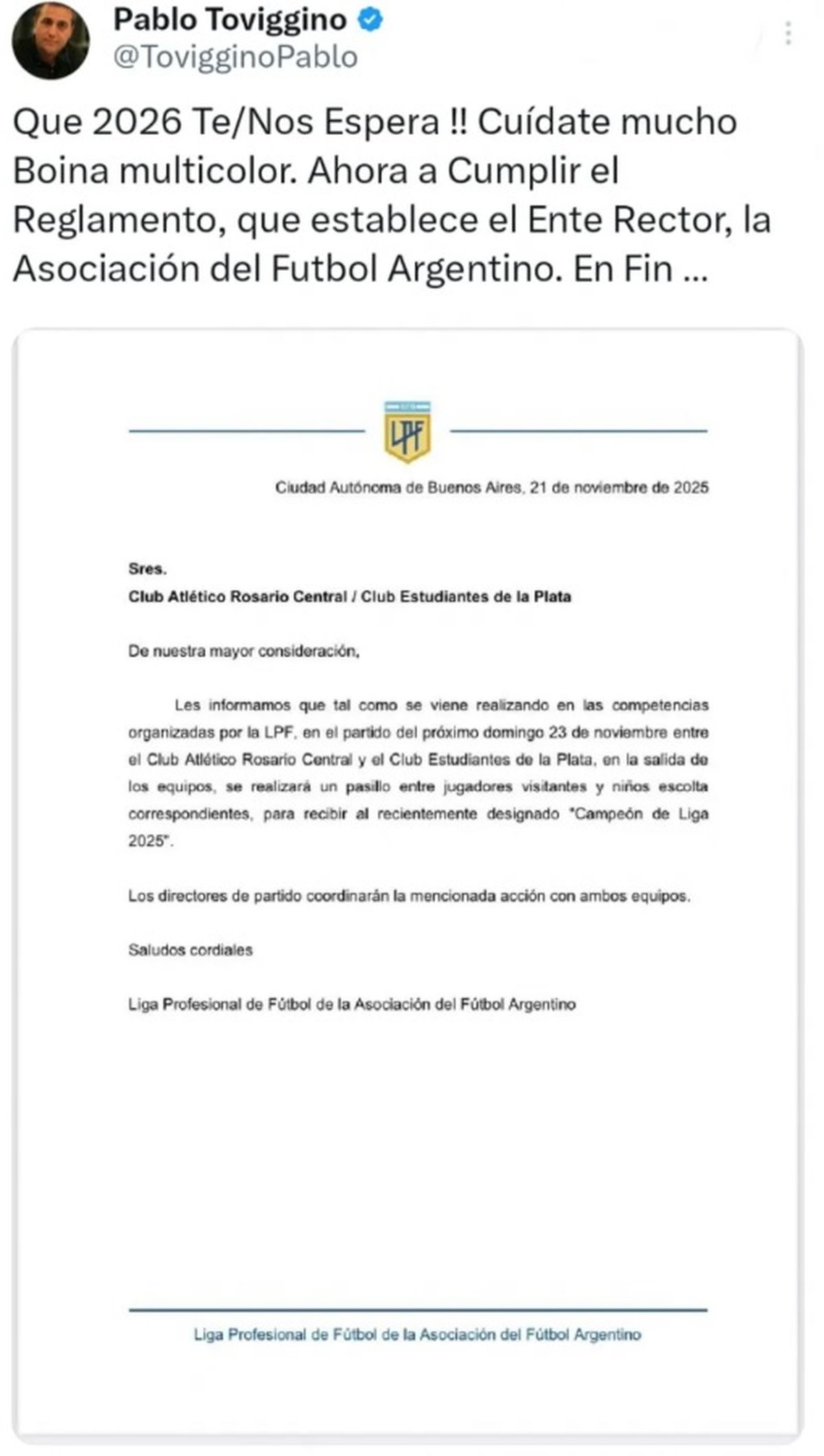 La advertencia de Pablo Toviggino a Juan Sebasti&aacute;n Ver&oacute;n.