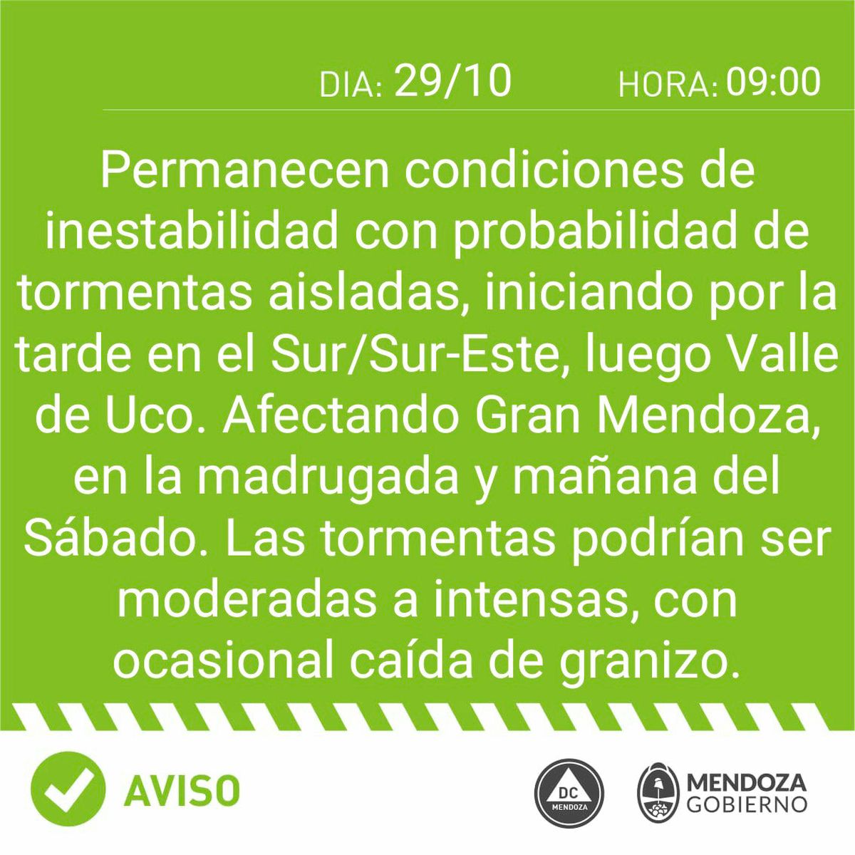 Mendoza: alerta meteorológica por tormentas y ocasional caída de granizo