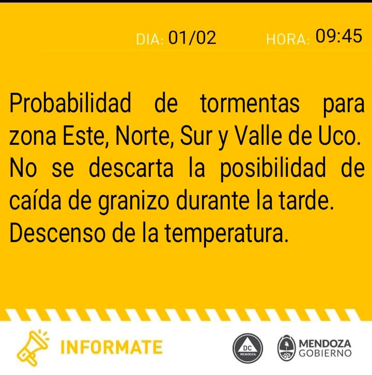 Defensa Civil emitió una nueva alerta amarilla para algunas zonas de Mendoza.