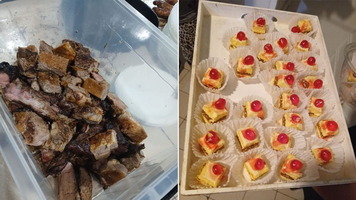 Ese es el tupper con carne que llevó el dueño de Ok Eventos a una de las fiestas, y lo que sería la mesa dulce para 250 invitados. Ese es el tupper con carne que llevó el dueño de Ok Eventos a una de las fiestas, y lo que sería la mesa dulce para 250 invitados.