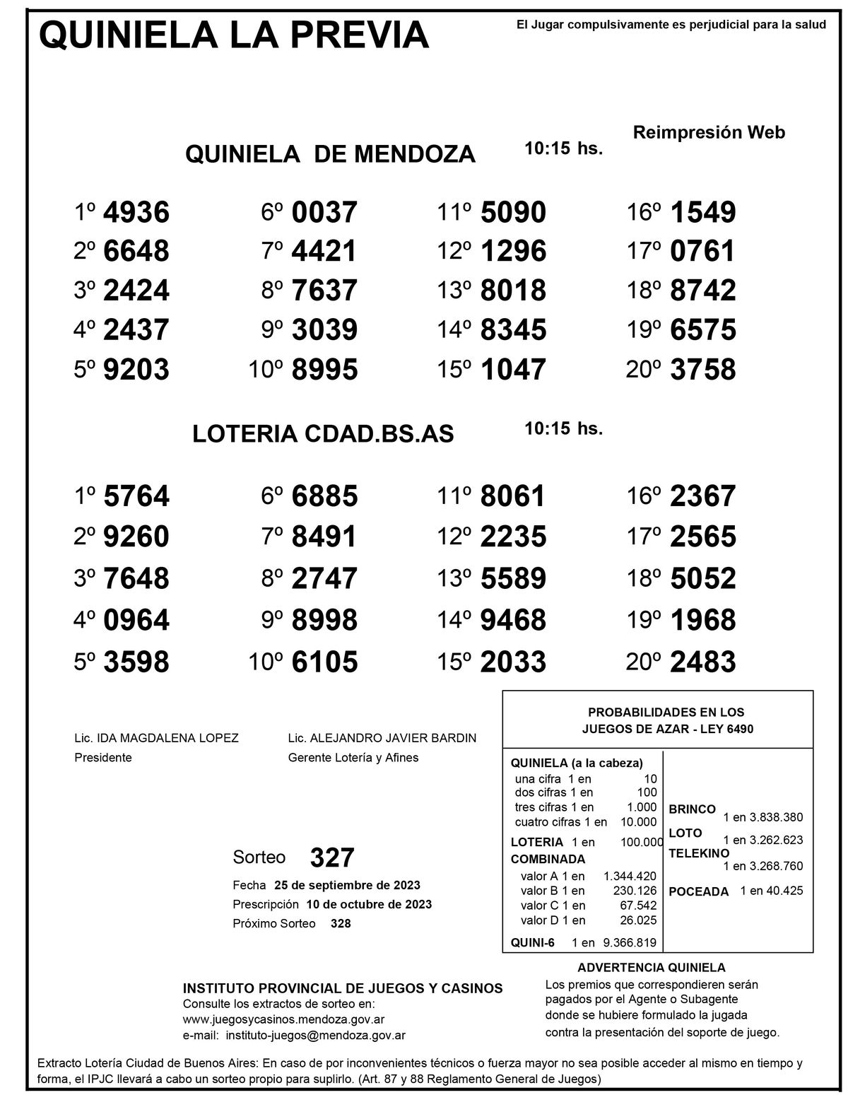 Extracto de la Quiniela de Mendoza en su edición La Previa del lunes 25 de septiembre. Extracto de la Quiniela de Mendoza en su edición La Previa del lunes 25 de septiembre.